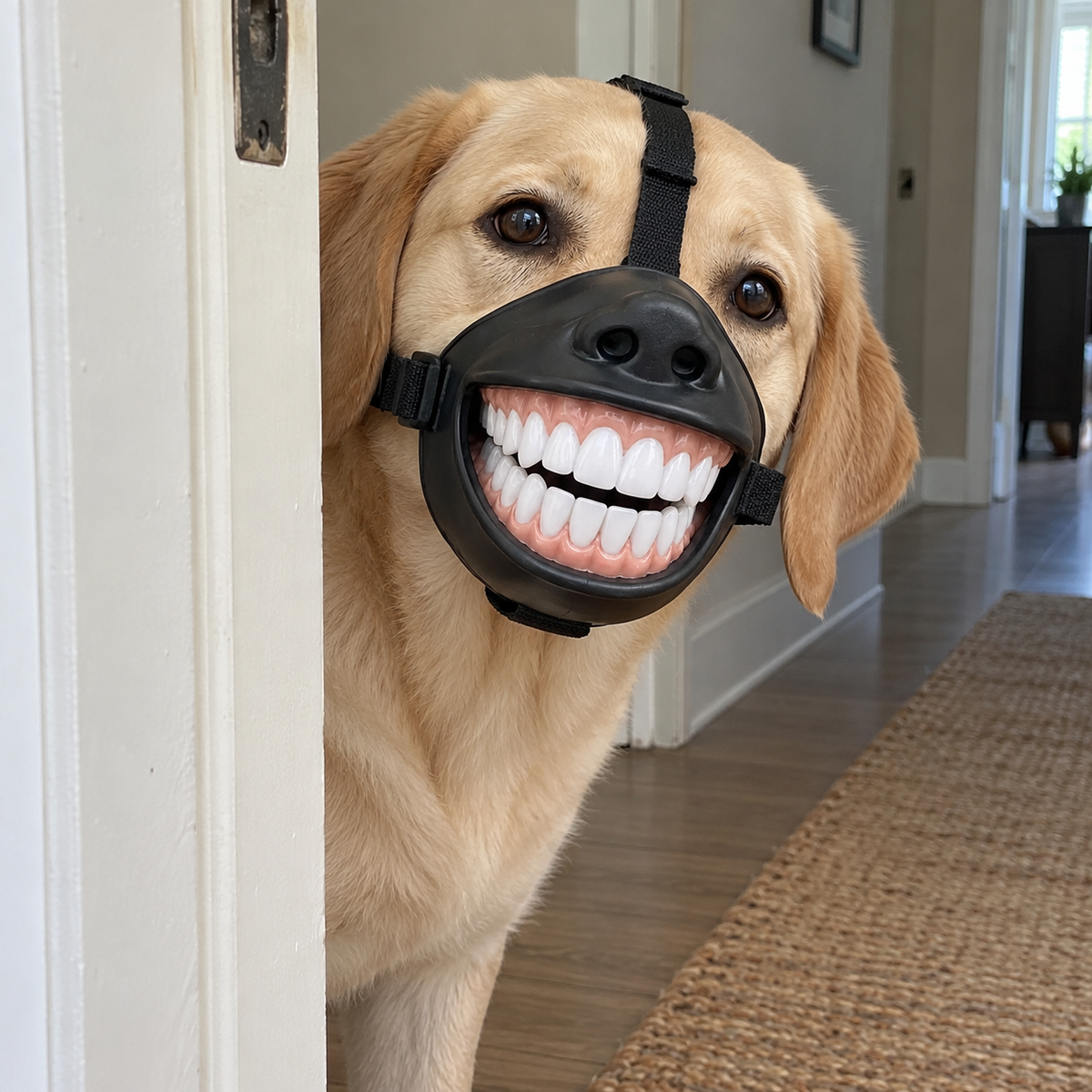 Golden dog peeking around a doorway wearing the oversized smile accessory.