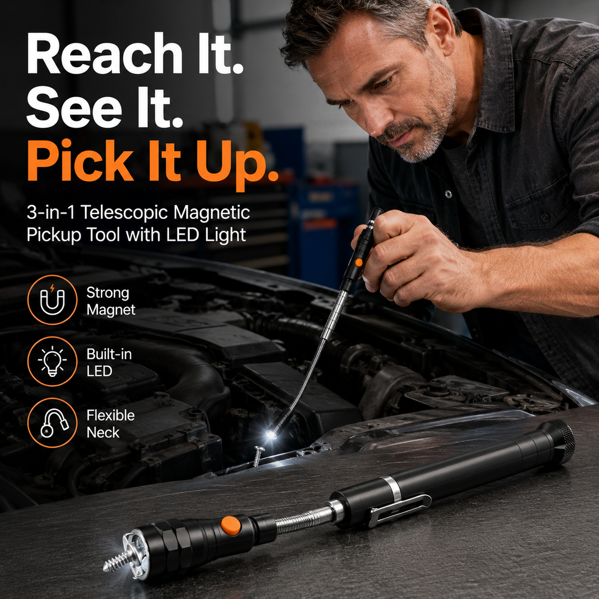 3-in-1 Telescopic Magnetic Pickup Tool with LED Light