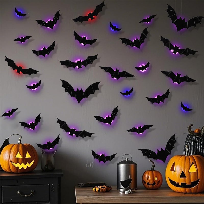 Halloween LED Flying Bat Decorations – Glowing 3D Bat Wall Decor for Porch, Window, Door, Garage & Party Backdrop