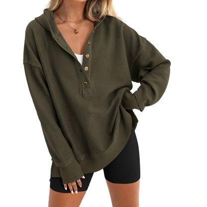 🎁Women’s Oversized V-Neck Hoodie – Relaxed Button Pullover with Side Slits