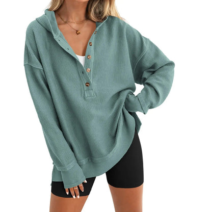 🎁Women’s Oversized V-Neck Hoodie – Relaxed Button Pullover with Side Slits