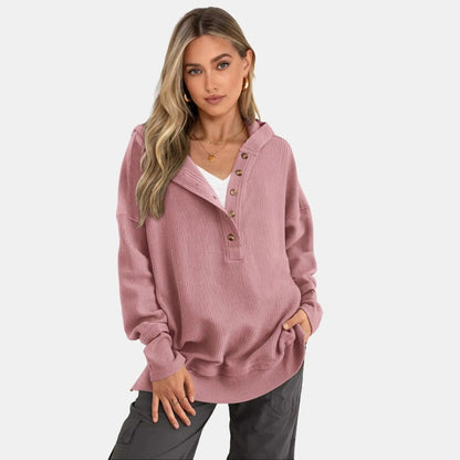🎁Women’s Oversized V-Neck Hoodie – Relaxed Button Pullover with Side Slits