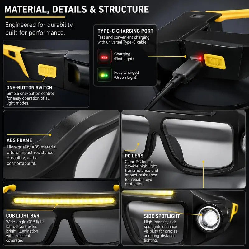 Rechargeable LED Headlamp Glasses - Hand-Wave Sense, Type-C USB Charging 🔦