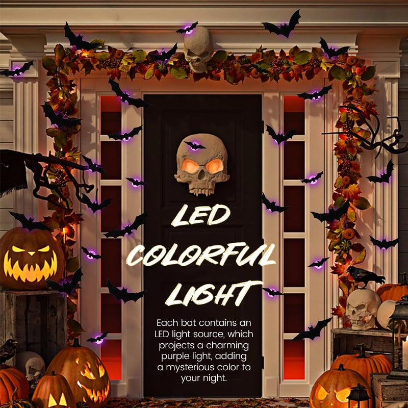 Halloween LED Flying Bat Decorations – Glowing 3D Bat Wall Decor for Porch, Window, Door, Garage & Party Backdrop