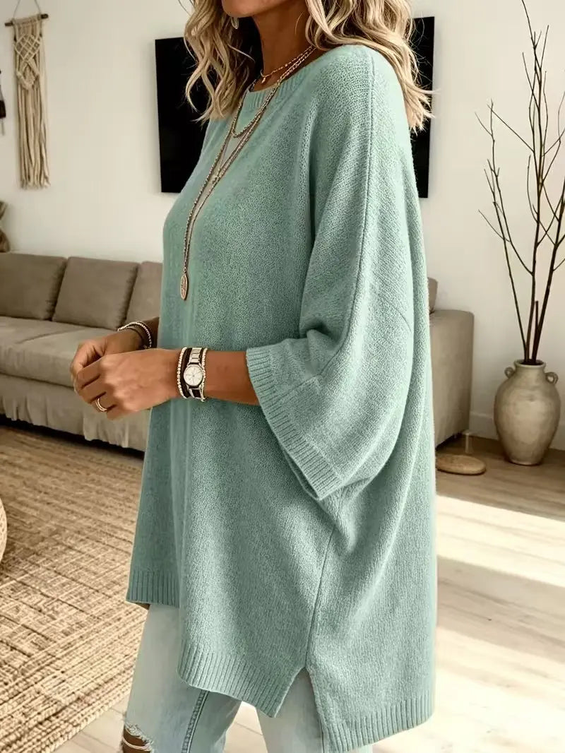 Women Round Neck Side Slit Oversized Batwing Sleeve Knit Top