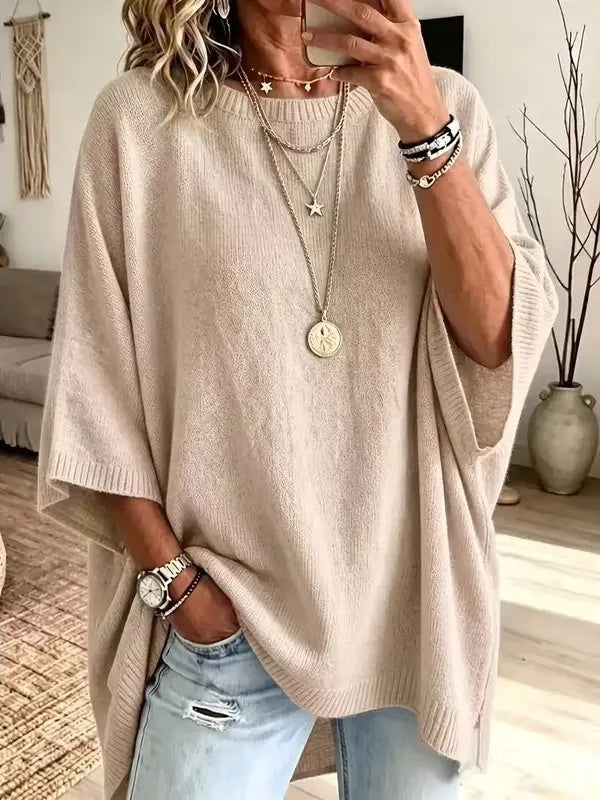 Women Round Neck Side Slit Oversized Batwing Sleeve Knit Top