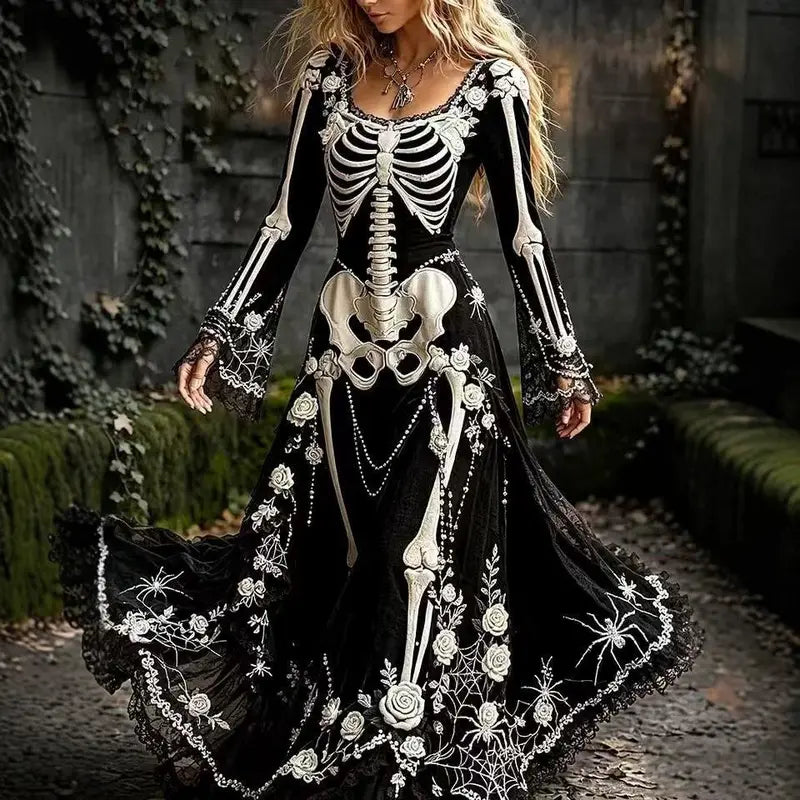 Black skeleton and rose Halloween maxi dress with long flared sleeves