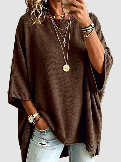 Women Round Neck Side Slit Oversized Batwing Sleeve Knit Top