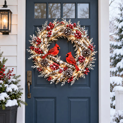 🔥 LAST DAY 49% OFF 🔥 Snowy Birch Cardinal Wreath™ – Lighted Christmas Door Wreath with Paired Red Cardinals, Berries & Pinecones ❤️🎄✨