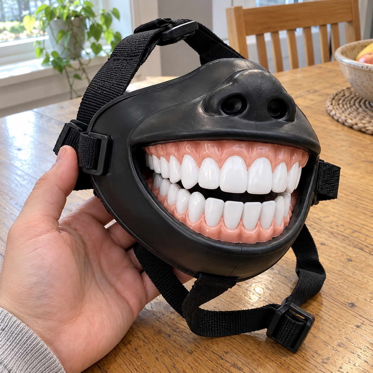Hand-held close-up of the black sculpted nose, white teeth, pink gums and adjustable black straps.
