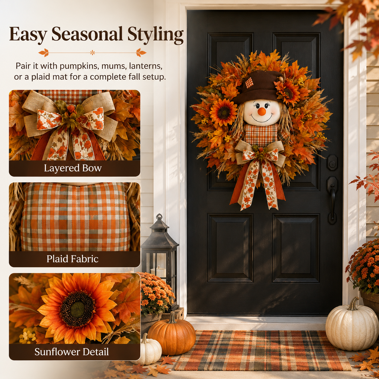 🔥🍁 Fall Favorite – Lighted Scarecrow Front Door Wreath