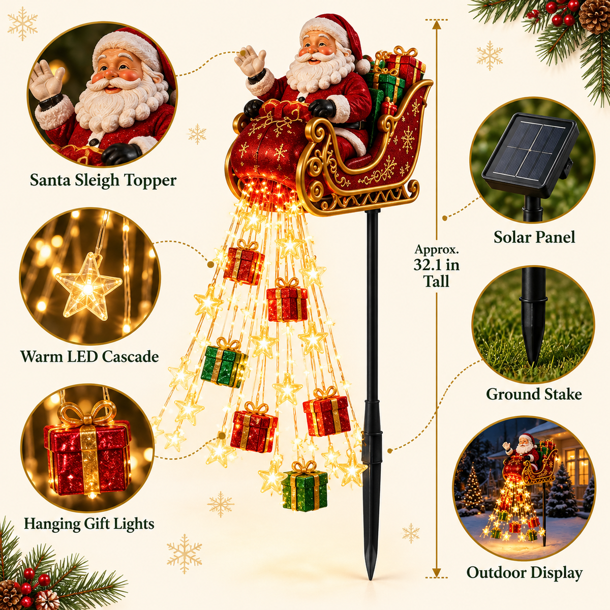 🎄 Limited-time 50% off — Santa sleigh waterfall led garden light