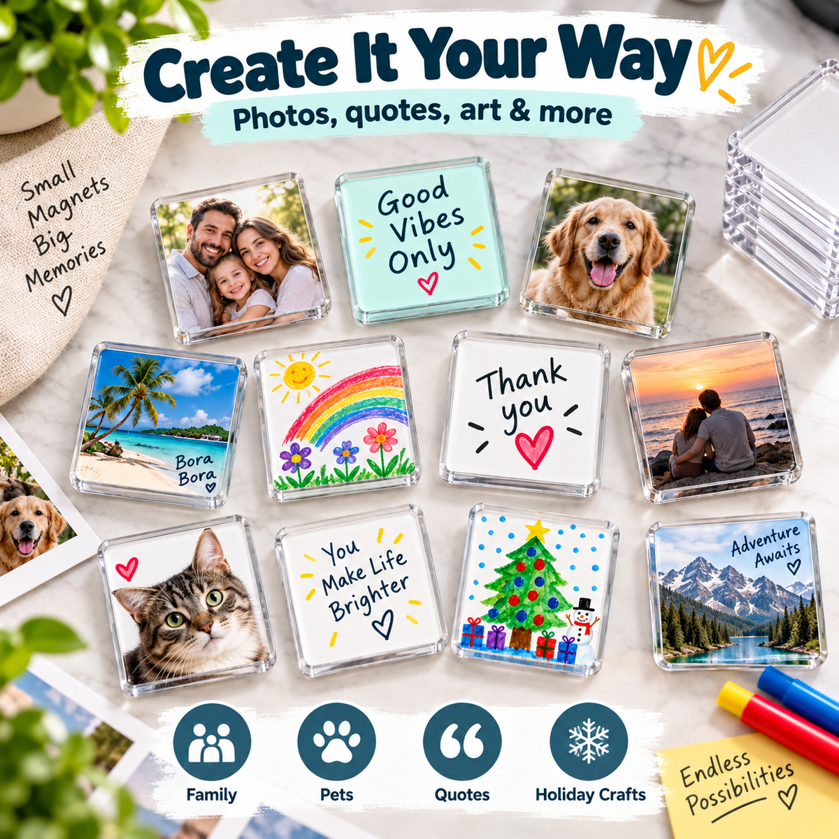 ✨ Turn Your Memories Into Magnets – 10 Pack DIY Acrylic Fridge Magnet Set