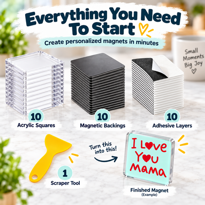 ✨ Turn Your Memories Into Magnets – 10 Pack DIY Acrylic Fridge Magnet Set