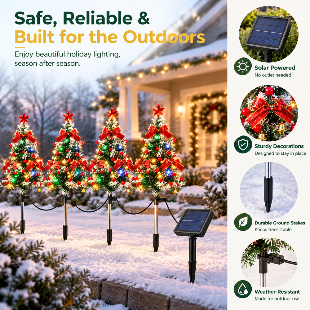 Outdoor Christmas tree display with close-ups of the panel, bows, stakes and cable connections