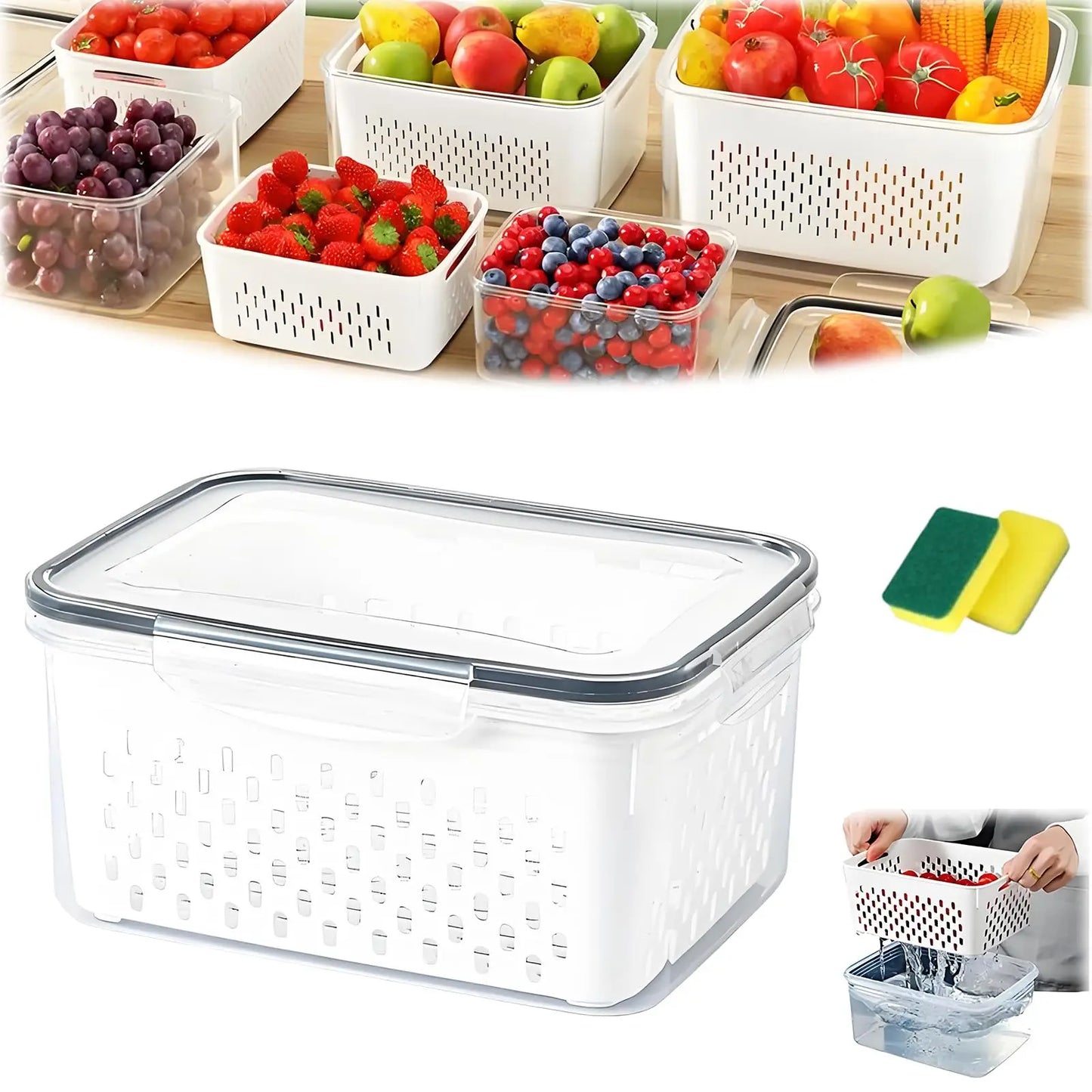 🔥Hot Sale 50% OFF-4 in 1 Food Storage Container, Fruit Storage Containers for Fridge, Produce Storage Containers with Lid and Strainer