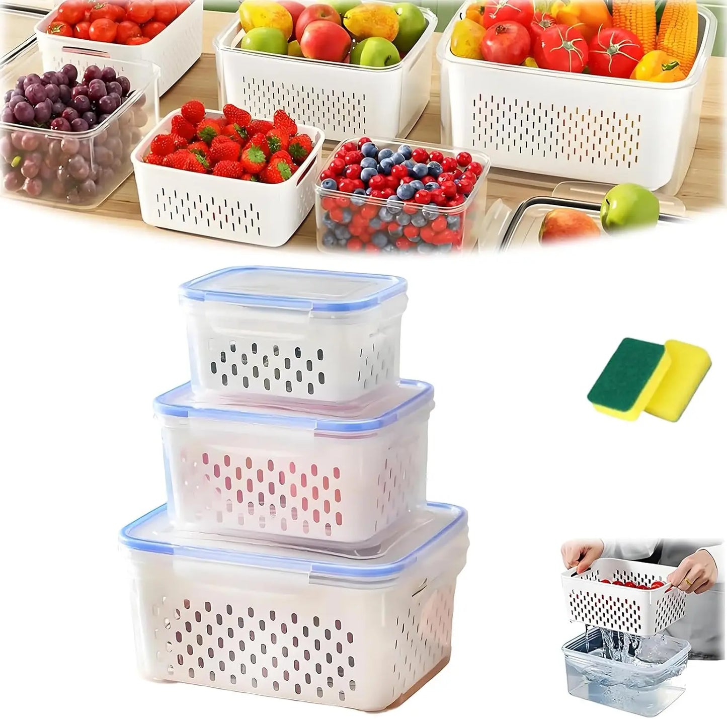 🔥Hot Sale 50% OFF-4 in 1 Food Storage Container, Fruit Storage Containers for Fridge, Produce Storage Containers with Lid and Strainer