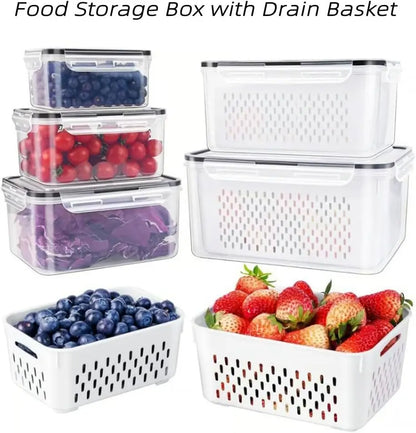 🔥Hot Sale 50% OFF-4 in 1 Food Storage Container, Fruit Storage Containers for Fridge, Produce Storage Containers with Lid and Strainer