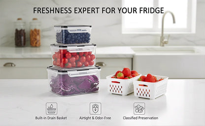 🔥Hot Sale 50% OFF-4 in 1 Food Storage Container, Fruit Storage Containers for Fridge, Produce Storage Containers with Lid and Strainer