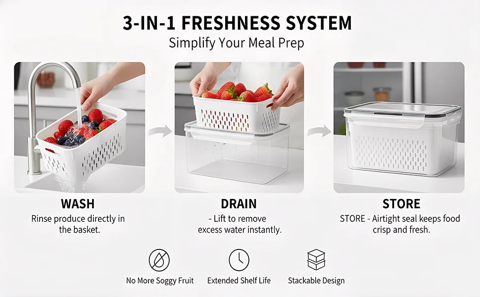 🔥Hot Sale 50% OFF-4 in 1 Food Storage Container, Fruit Storage Containers for Fridge, Produce Storage Containers with Lid and Strainer