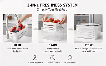 🔥Hot Sale 50% OFF-4 in 1 Food Storage Container, Fruit Storage Containers for Fridge, Produce Storage Containers with Lid and Strainer