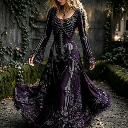 Dark Purple skeleton and rose Halloween maxi dress with long flared sleeves