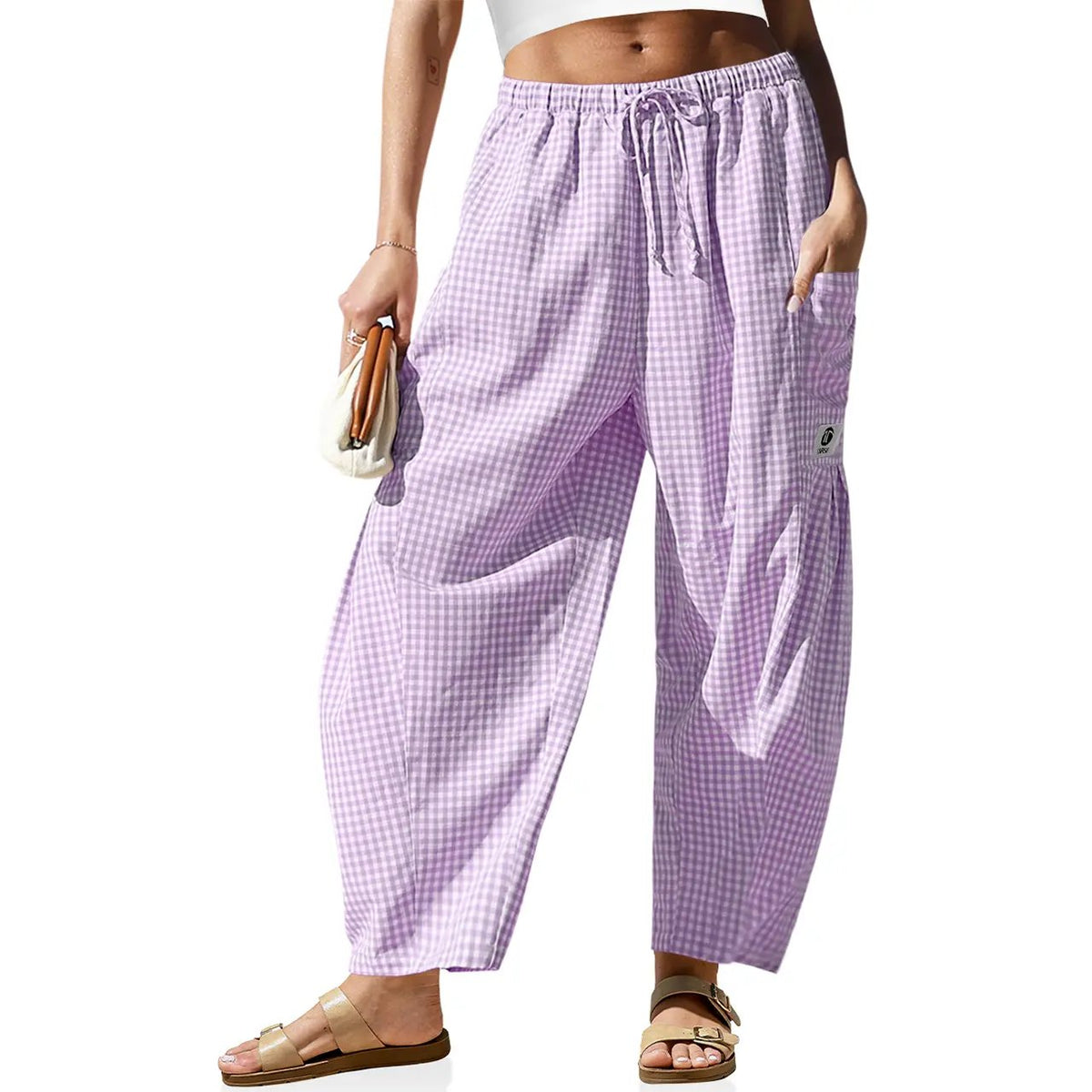 Womens Wide Leg Gingham Striped Plaid Pants Casual Barrel Loose Drawstring Low Waist Palazzo Harem Pants with Pockets