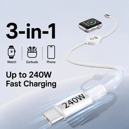 ⚡ 240W 3-in-1 USB-C Travel Charger – Portable Magnetic Watch Charger with 5FT Braided Fast Charging Cable for iPhone, Apple Watch, AirPods, Laptops & Samsung