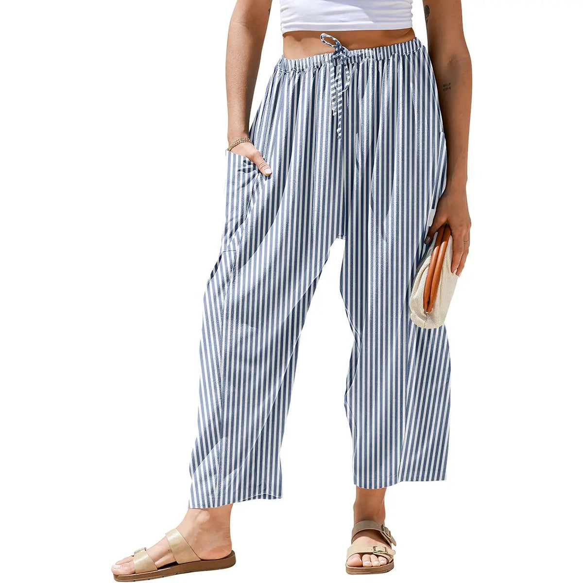 Womens Wide Leg Gingham Striped Plaid Pants Casual Barrel Loose Drawstring Low Waist Palazzo Harem Pants with Pockets
