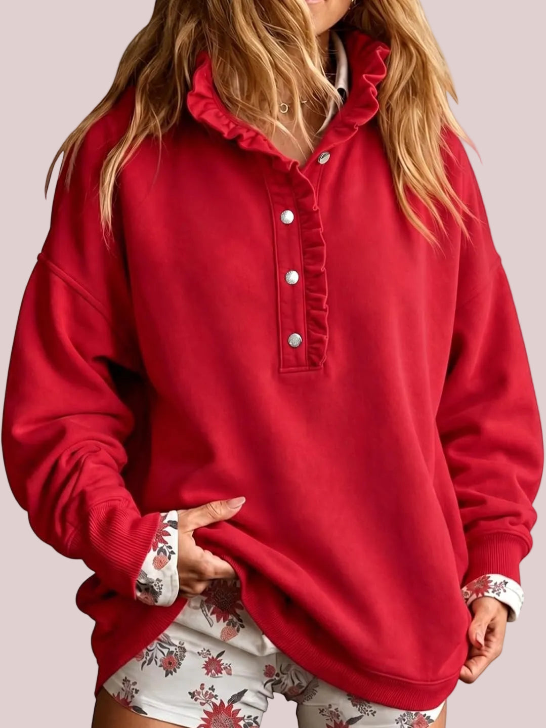 Women's Ruffle Collar Henley Oversized Sweatshirt
