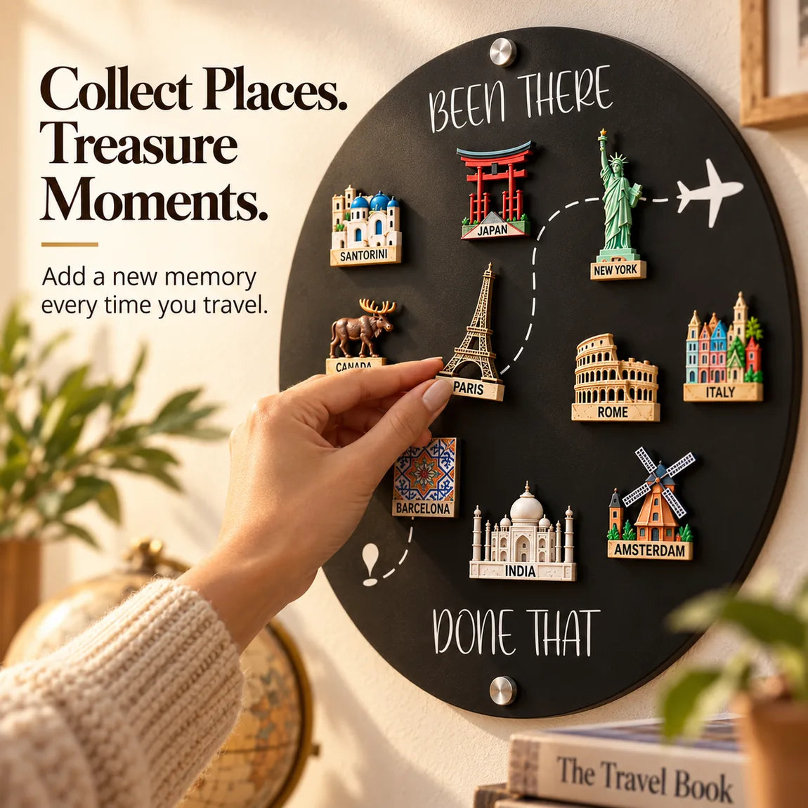 Travel magnet board displaying souvenir magnets